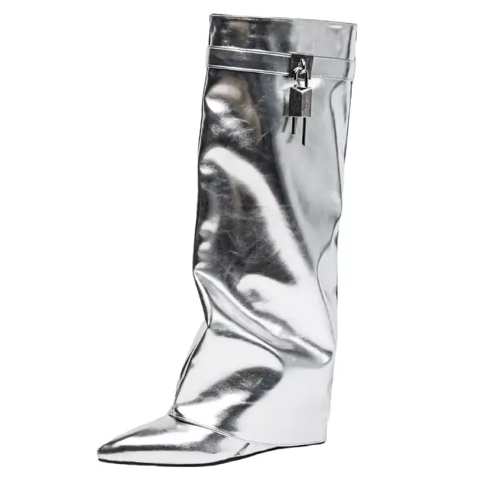 Bottes hautes compensées Sexy pour femmes, chaussures de soirée à talons longs argentés et dorés, gr
