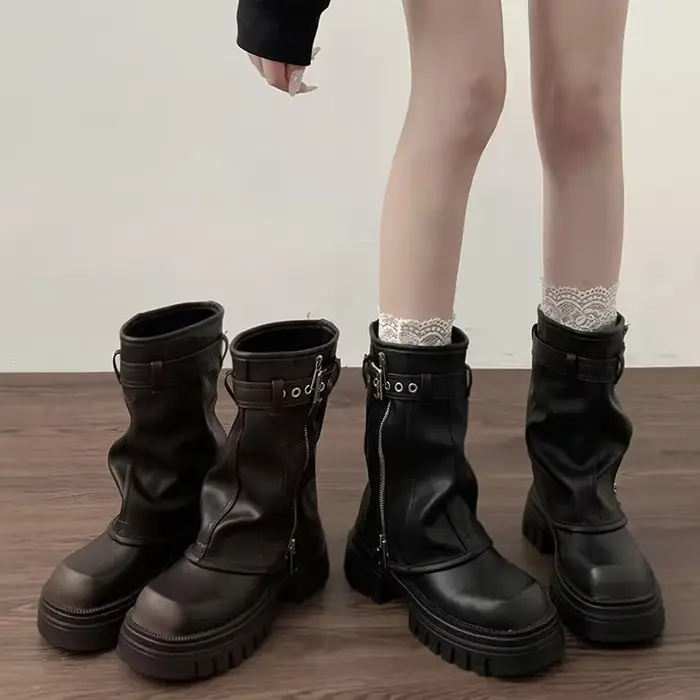 Hiver femmes Biker bottes mode ceinture boucle dames élégant plate-forme appartements chaussons courts décontracté