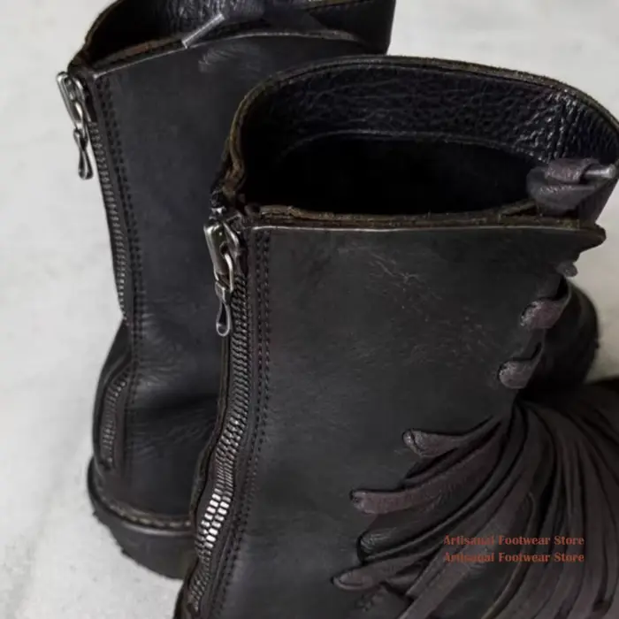 Bottes mi-mollet gothiques en cuir noir à plusieurs sangles ﻿ Bottines décontractées pour hommes à bout rond et semelle