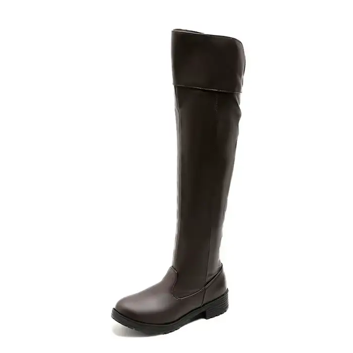 Bottes mode au-dessus du genou pour femme, à bout rond, talon épais, à enfiler, tige en polyuréthane