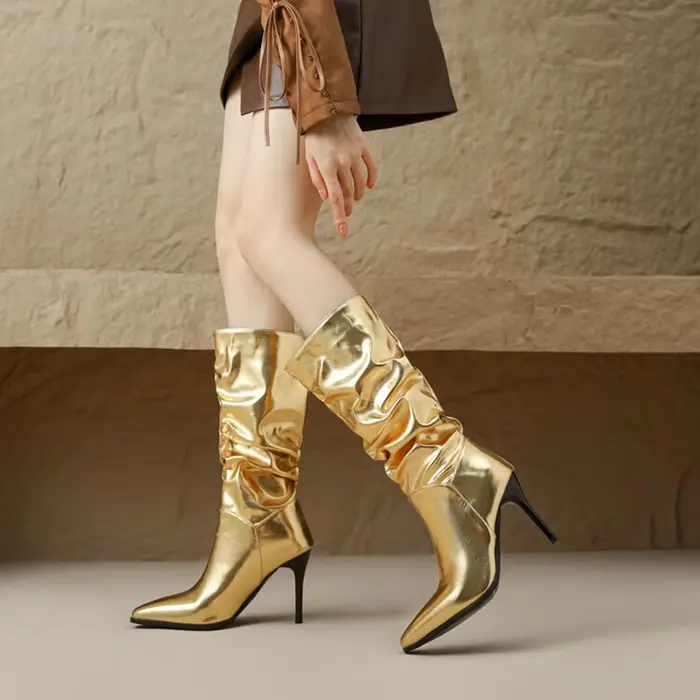Botas De Mujer femmes bottes automne hiver mode plissé polyvalent or argent Sexy talons hauts Goth chaussures grande taille 47 48 23-39