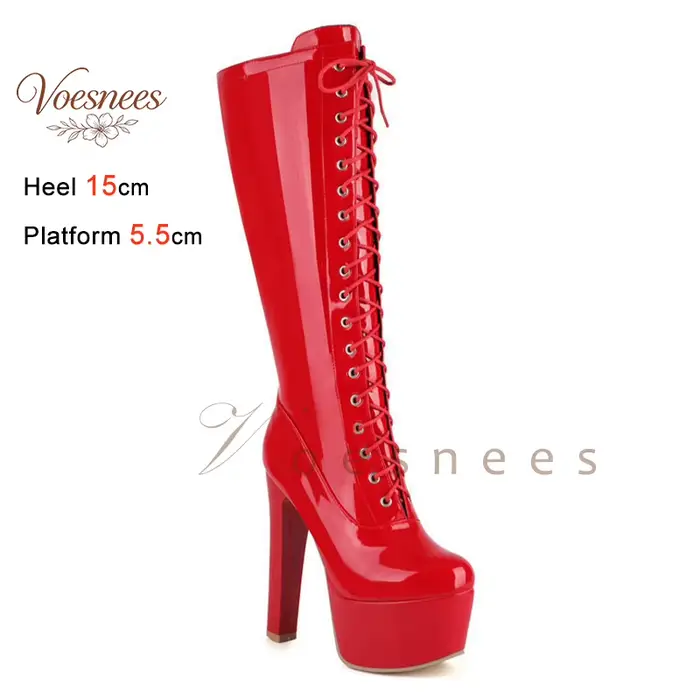 Bottes longues à plateforme en cuir verni rouge tendance pour femme