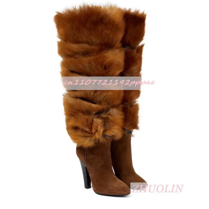 Vintage marron flou genou-bottes dames hiver bout pointu bottes en daim à talons hauts défilé côté fermeture éclair à