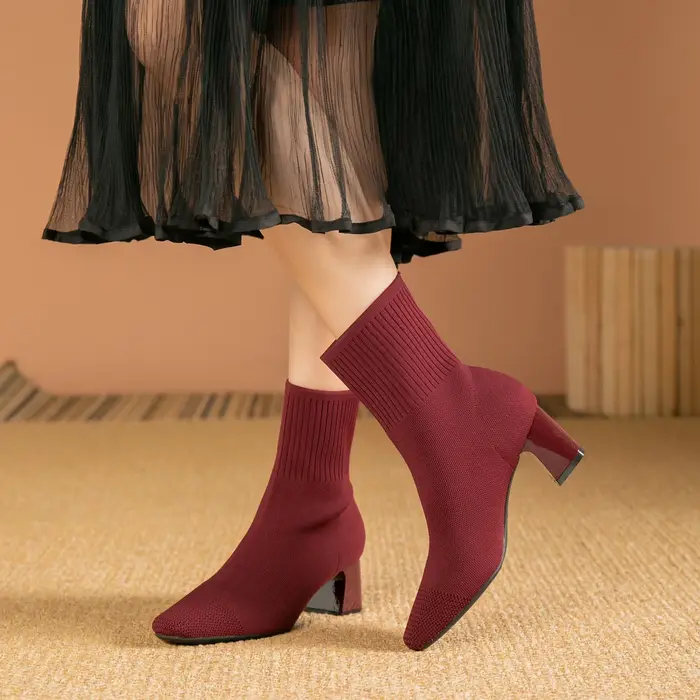 Bottes pour femmes 2024 printemps automne mi-mollet talon carré caoutchouc tissu coton occassions spéciales confort élégance
