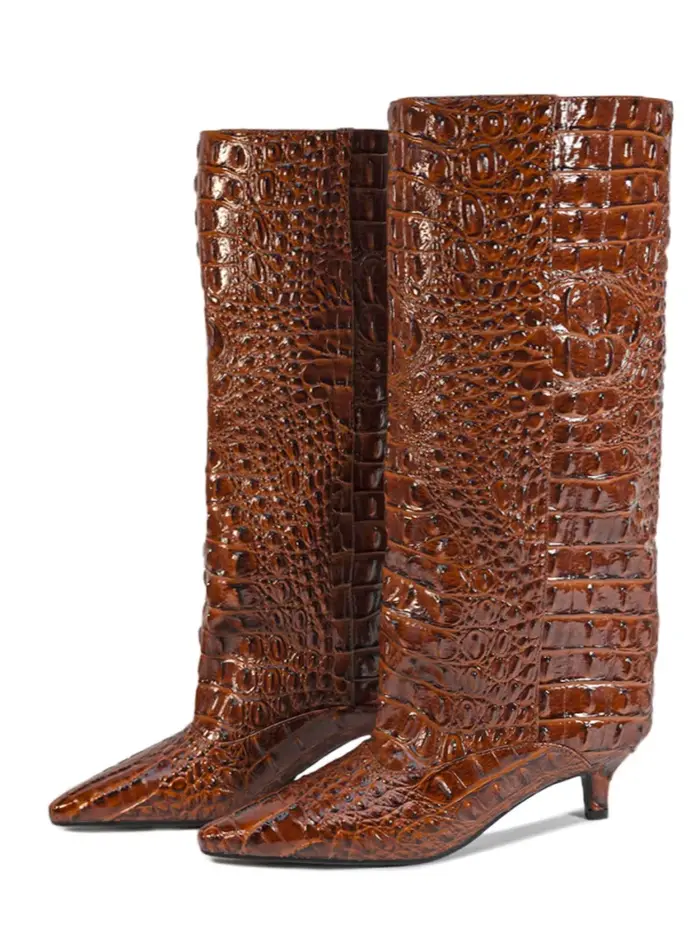 Bottes hautes tendance style euro-américain à talon chaton et tige large, motif crocodile bicolore p