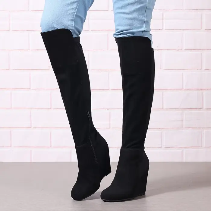 Femmes automne hiver genou bottes hautes bottes compensées pour femmes grande taille daim élastique 