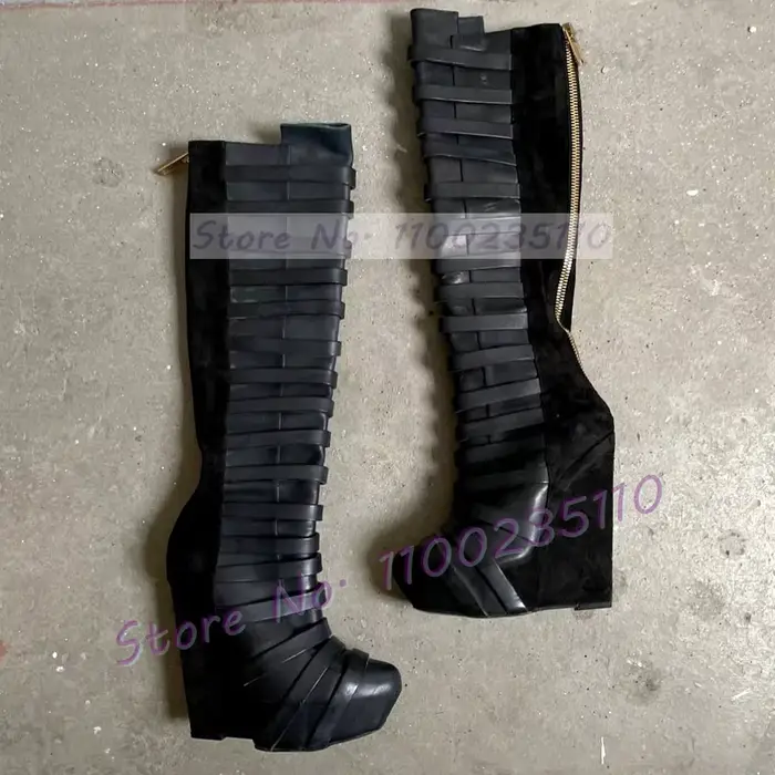 Bottes hautes ALMUDENA noires pour femmes avec talons plateforme et fermeture éclair, style britannique, bottes modernes pour occasions hivernales