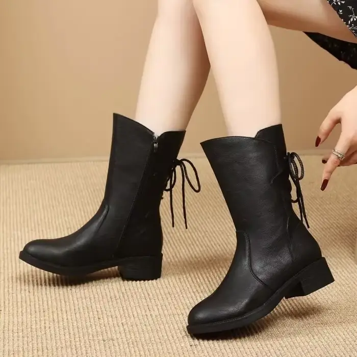 Bottes romaines mi-mollet pour femmes en cuir fendu, talons bas, doublure en flanelle, étanches, élégantes pour hiver, offerte pour occasions spéciales