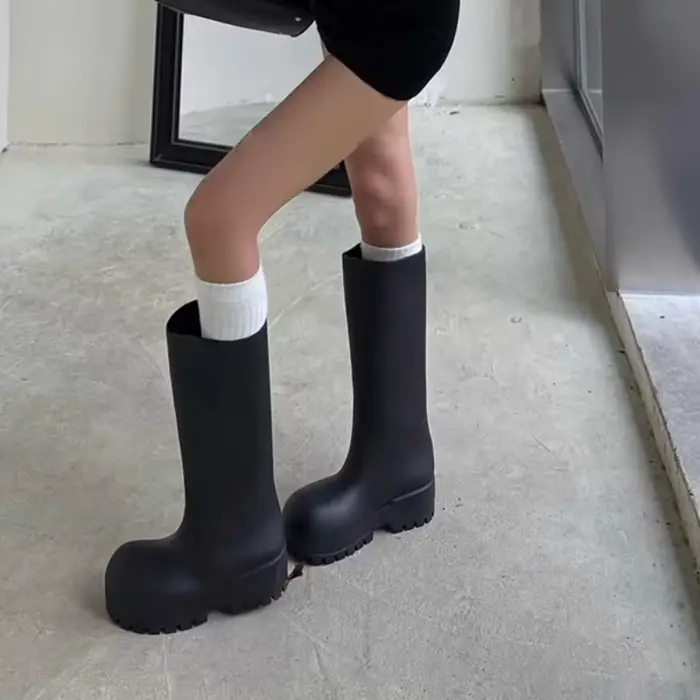 Bottes de pluie noires à semelle épaisse et à gros bout rond pour femmes, bottes longues imperméable