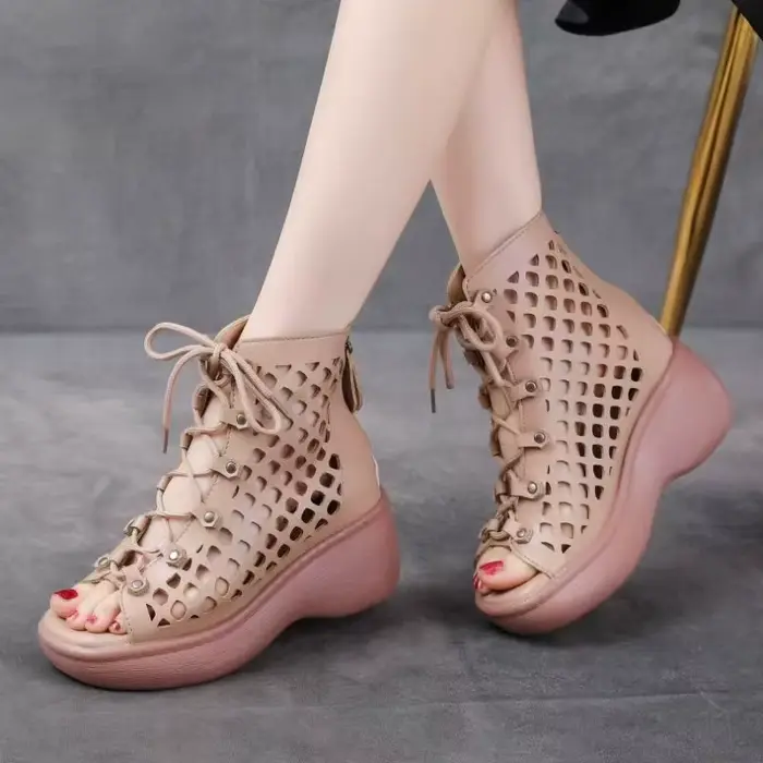 Bottes montantes pour femme en cuir véritable, à talon compensé, à bout ouvert, à semelle épaisse, a