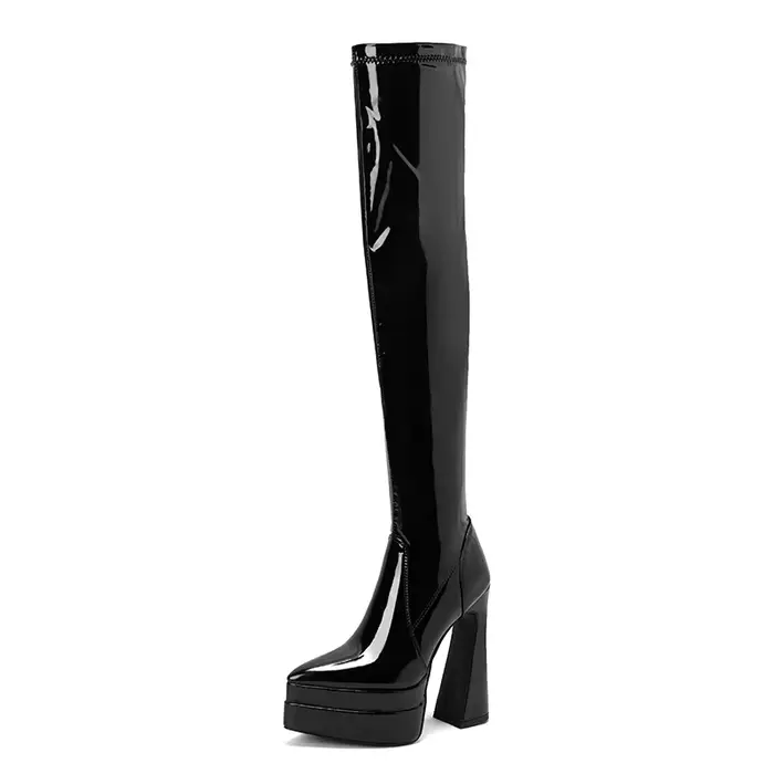 Bottes au dessus du genou femmes blanc noir bout pointu en cuir verni Club talons aiguilles plate-fo