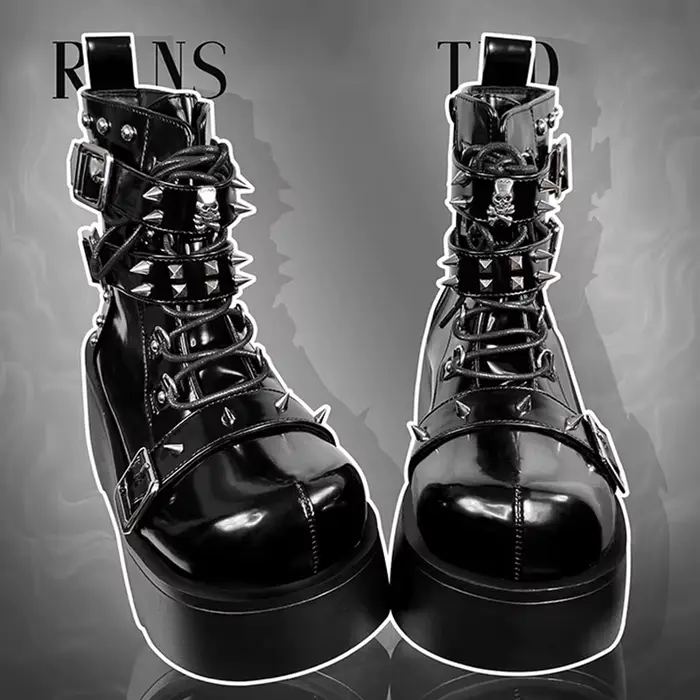 Femmes Punk bottes en cuir PU Rivet boucle conception chaussures Cool rétro grosses compensées plate