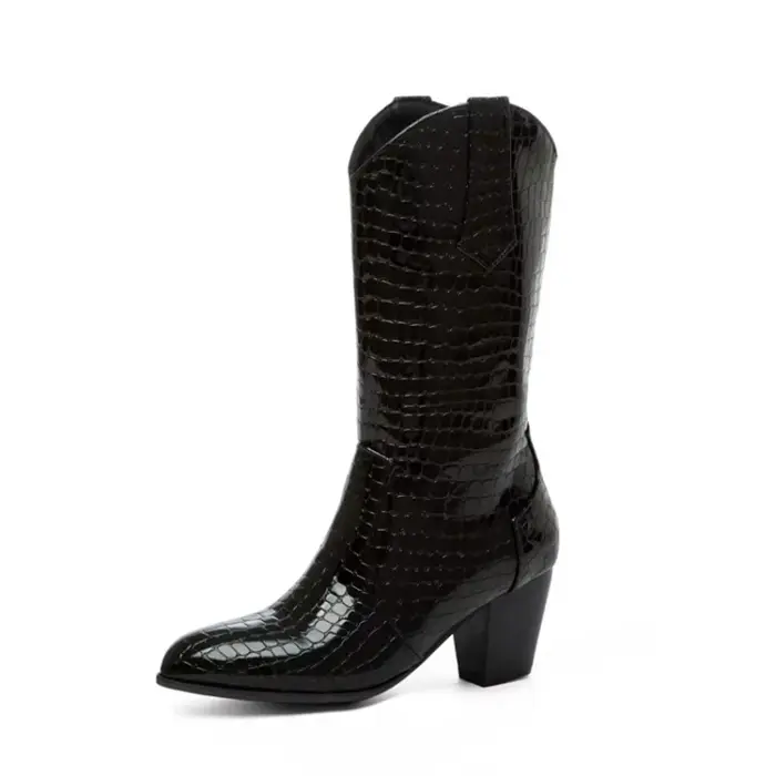 Bottes ROME en cuir PU pour femmes, mi-mollets, talons carrés, grandes tailles, hiver, bottes Chelsea à enfiler, confort et élégance