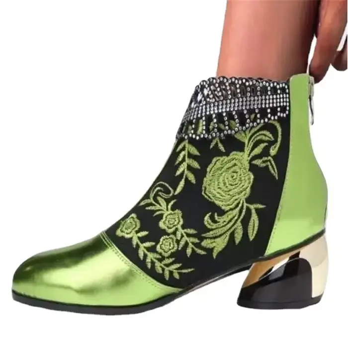 Bottes de rinçage en cuir pour femmes, style sexy, bottes bohèmes brodées, printemps et automne, talons carrés, motifs floraux, cheville, confort maximal, occassions spéciales