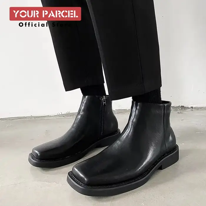 Bottes en cuir à bout carré pour hommes, bottes courtes zippées, version coréenne, style anglais, te