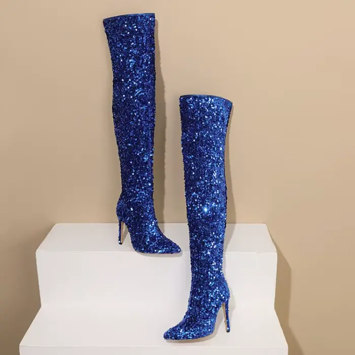Bottes paillettées dorées et bleues sexy à talons hauts pour femmes, bottes de soirée brillantes au-dessus du genou
