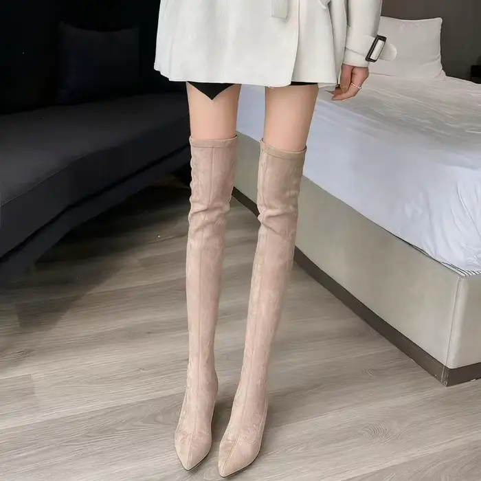 Bottes Sexy pour femmes, bout pointu, au-dessus du genou, talon carré, bottes hautes chaudes, chauss