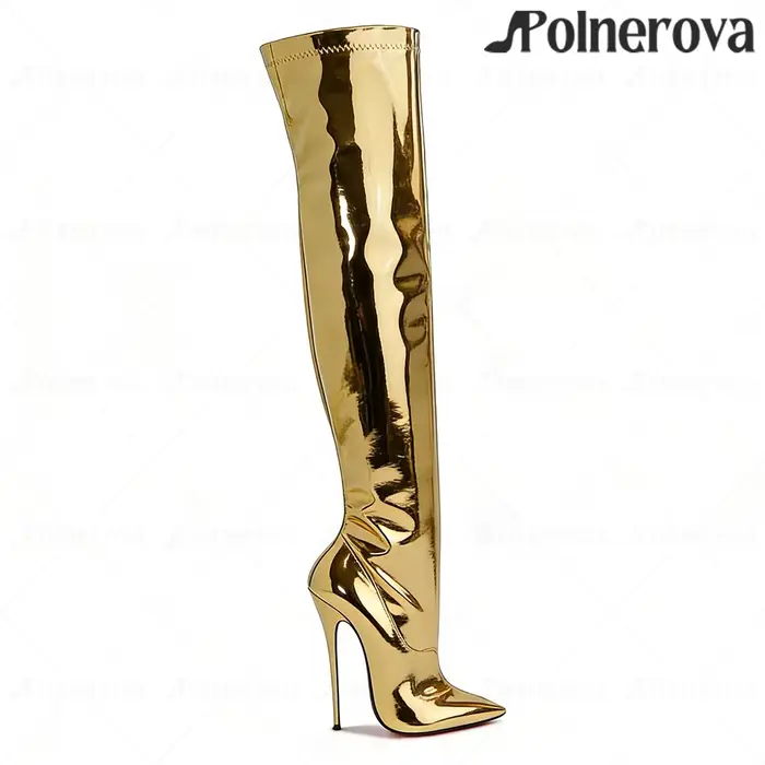Bottes au-dessus du genou en cuir verni laqué de 16 cm