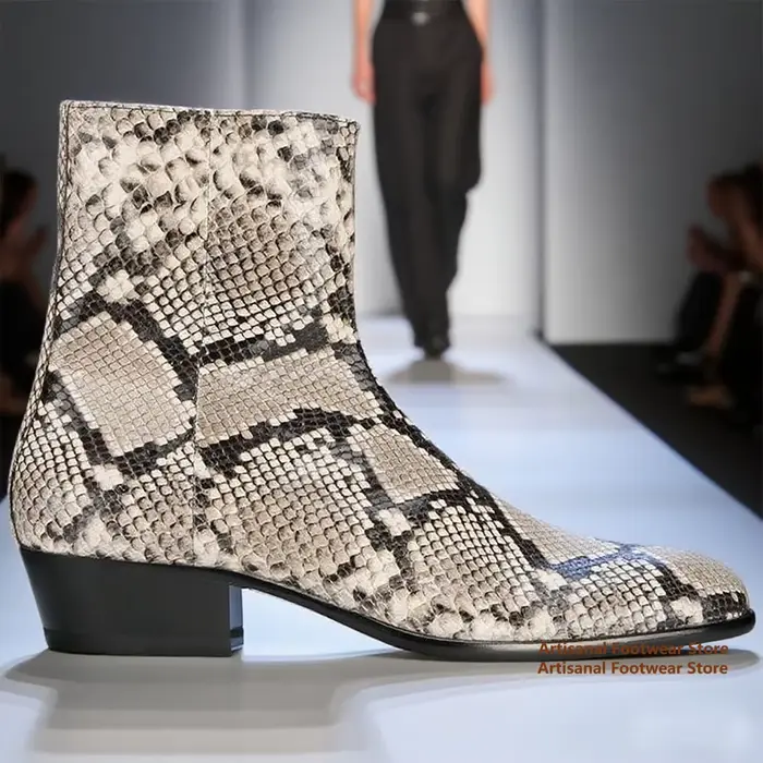 Bottes Chelsea à motif serpent pour hommes, bottes montantes en cuir avec fermeture éclair latérale,