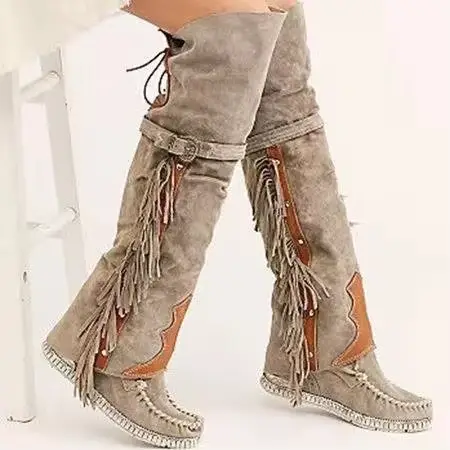 Mode bohême genou longueur femmes bottes personnalité ethnique botte haute glands Faux daim