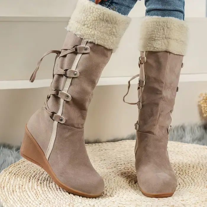 Bottes à talons compensés pour femmes, chaudes et confortables, chaussures décontractées, sangle cro