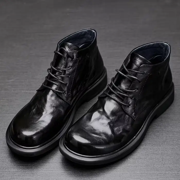 Bottes en cuir de vache noir/marron pour hommes, bottes courtes montantes décontractées faites à la 
