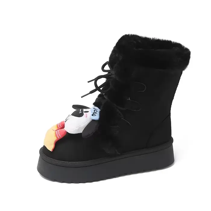 Bottes de neige mignonnes de dessin animé pour femmes, bottes de neige à lacets à fond épais, en Fau