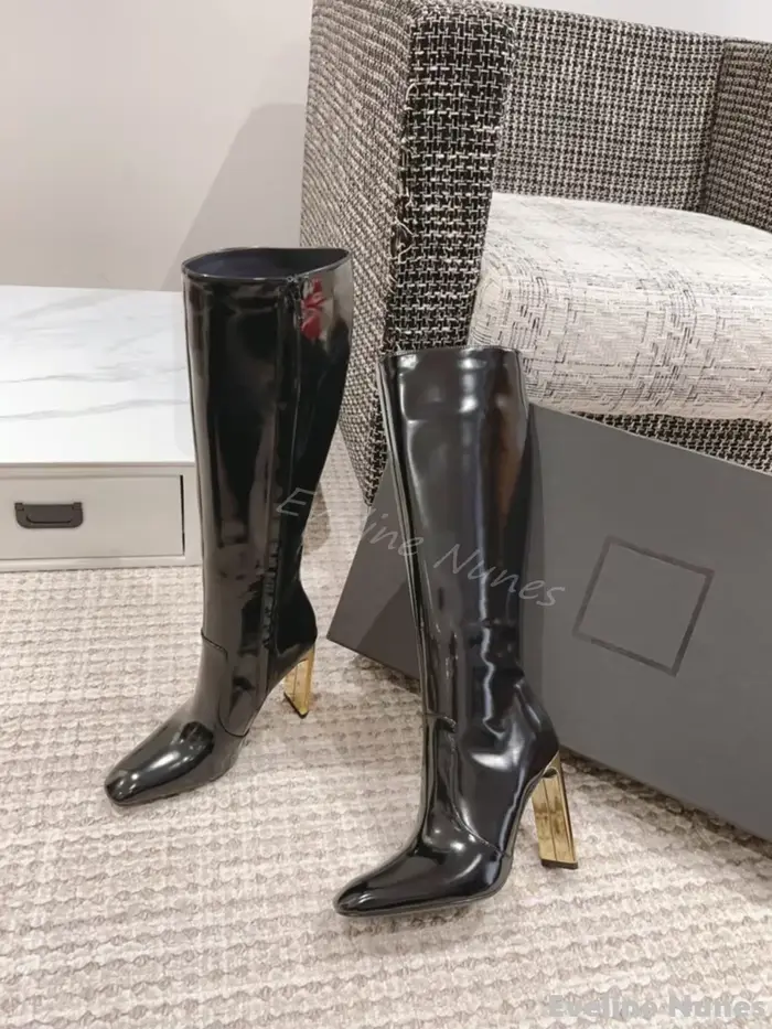 Bottes de motard en cuir verni bout carré doré talons carrés pour femmes style punk hiver occassions spéciales