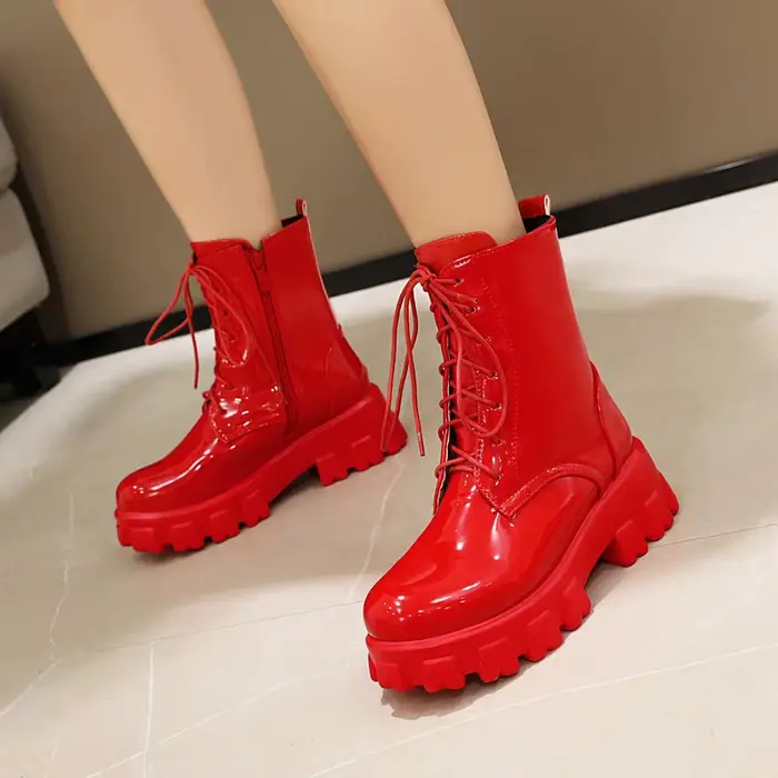 Femmes bottes en cuir verni plate-forme chaussures marque cheville mode