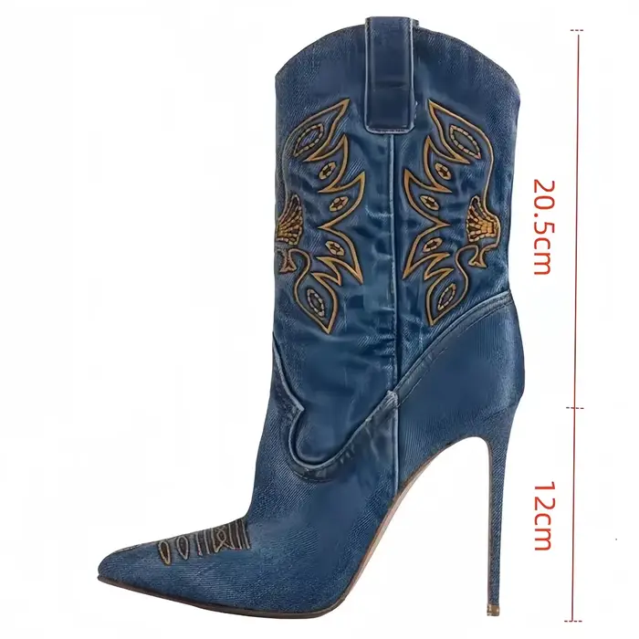 Bottes à talons aiguilles de cowboy occidental pour femmes – Bout pointu brodé