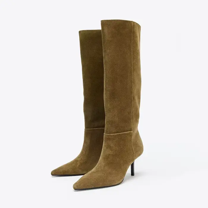 Bottes hautes en daim à talons hauts pour femme, bottes d'hiver rétro à bout pointu, robe de stylist