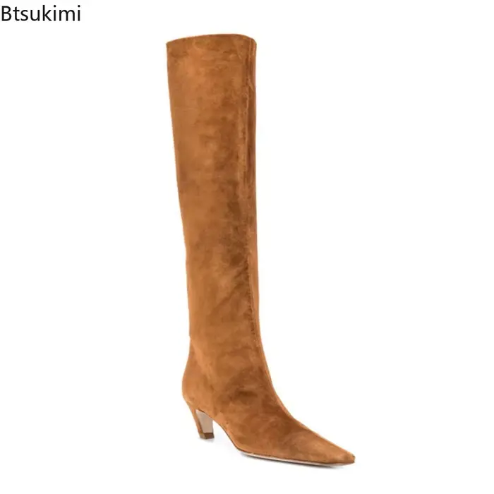 Femmes Sexy marron daim bout pointu mi-mollet bottes mode chaton Med talons sans lacet haut longues chevalier