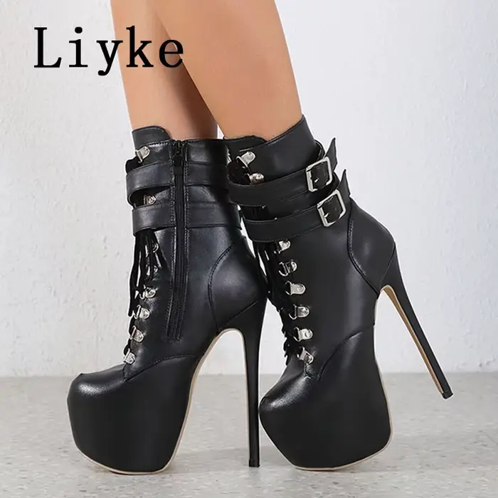 Liyke automne hiver plate-forme bottes pour femmes Sexy bout rond boucle sangle pôle danse talons hauts pompes mode à lacets chaussure de piste