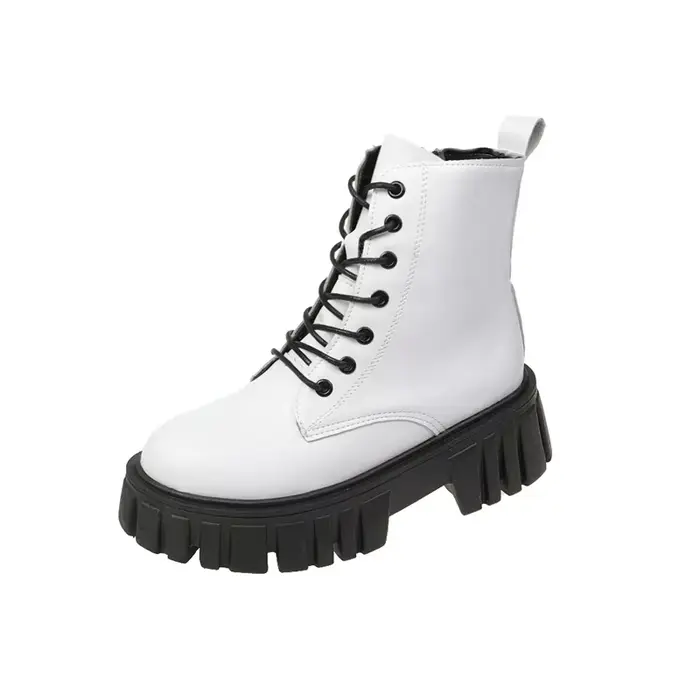 Bottines de Combat blanches à plateforme épaisse pour femmes, bottines en cuir Pu avec fermeture écl