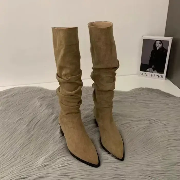 Bottes hautes au genou élégantes pour femmes plissées bout rond talons bas printemps automne occassions spéciales