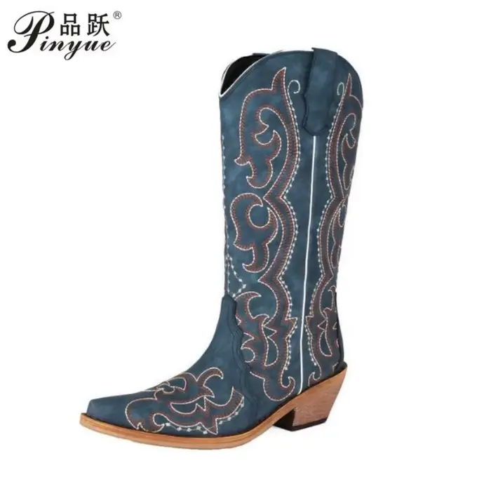 Bottes de Cowgirl bleues confortables pour femmes, 5cm, bottes occidentales en cuir de veau large br