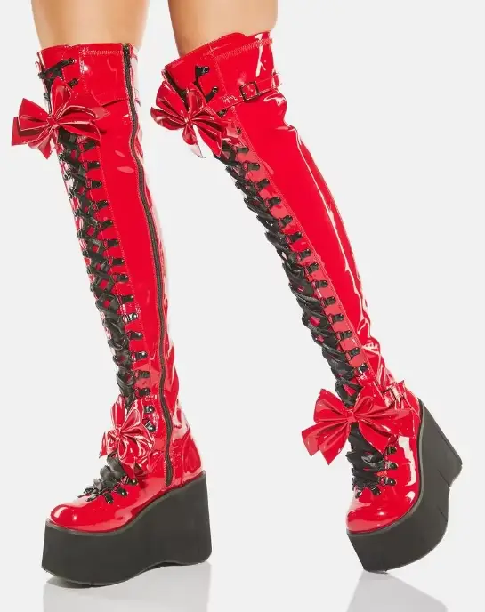 Bottes à plateforme en cuir verni rouge pour femmes, nœud sur le genou, grosses bottes astronomiques