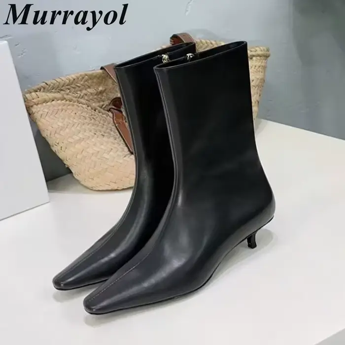 Cuir véritable chaton talon mi-mollet Botts femmes bout pointu fermeture éclair bottes courtes dames Style britannique