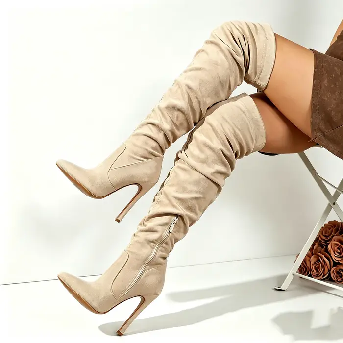 Bottes mi-cuisses en daim beige pour femme, à bout pointu, talons aiguilles, froncées, avec fermetur