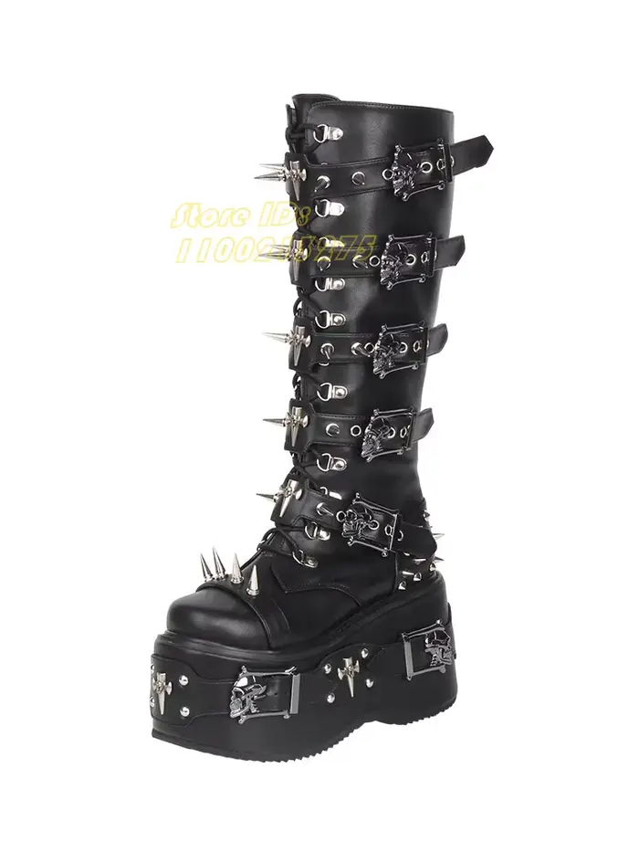 Bottes hautes à rivets et lanières, style punk, talon épais, fermeture éclair, bout rond, plateforme