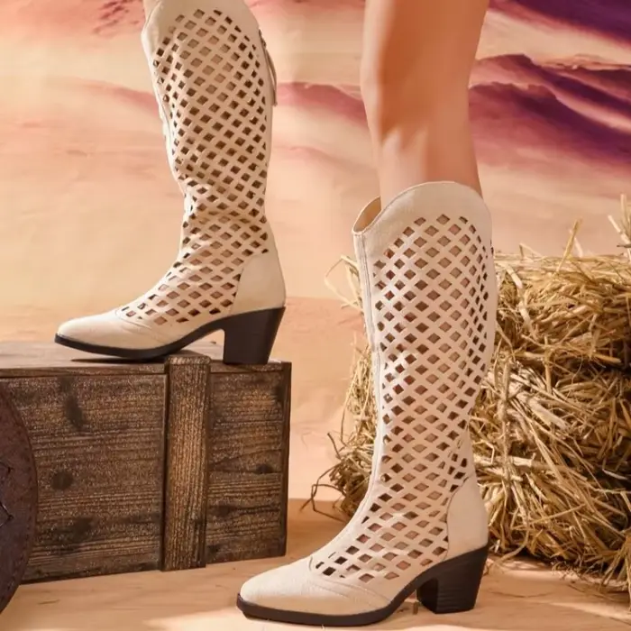 Nouvelles bottes pour femmes à talon bloc, respirantes, à découpes, polyvalentes, mi-hautes, tendanc