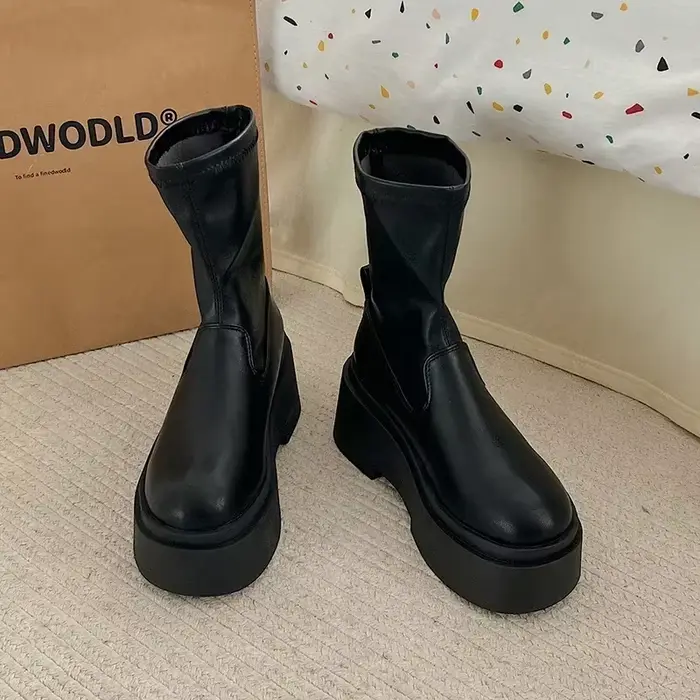 Grosses femmes genou bottes hautes mode sans lacet chevalier longs chaussons plate-forme appartement