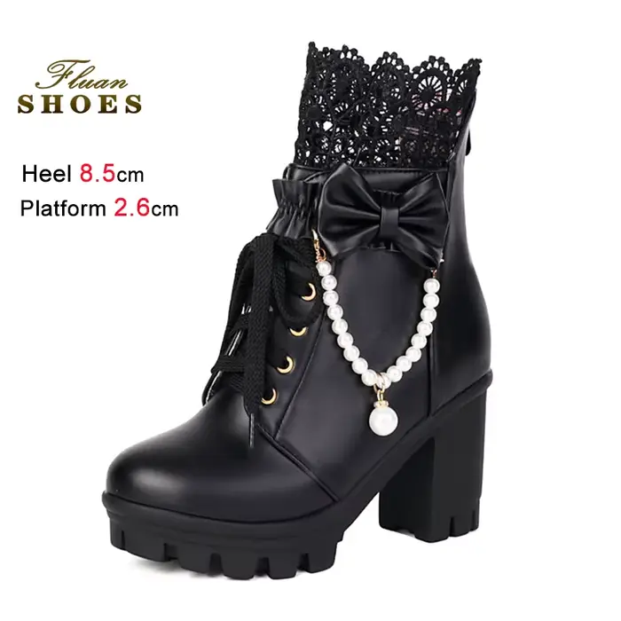 Bottines courtes en dentelle pour femmes talons hauts bout rond noir nœud papillon chaussures de fête pour soirée mariage occasions spéciales