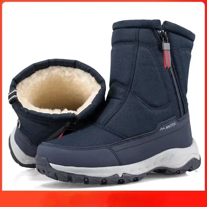 Bottes de neige en peluche pour homme, douces et résistantes, hauteur mi-mollet, solide couleur, anti-glissantes, pour hiver et randonnées enneigées