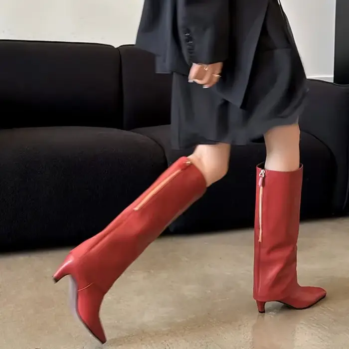 Bottes hautes au genou en peau de mouton avec fermeture à glissière au dos pour femmes
