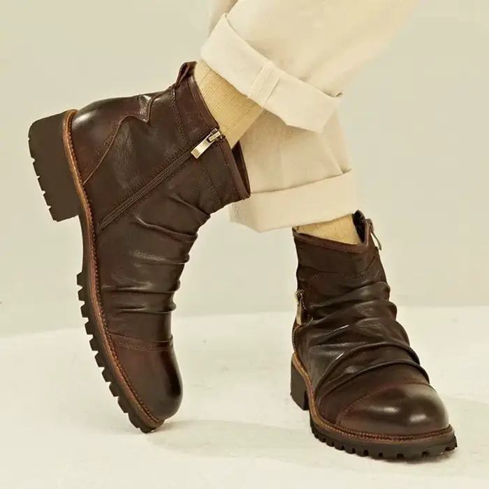 Bottes basses en cuir plissé vintage pour hommes