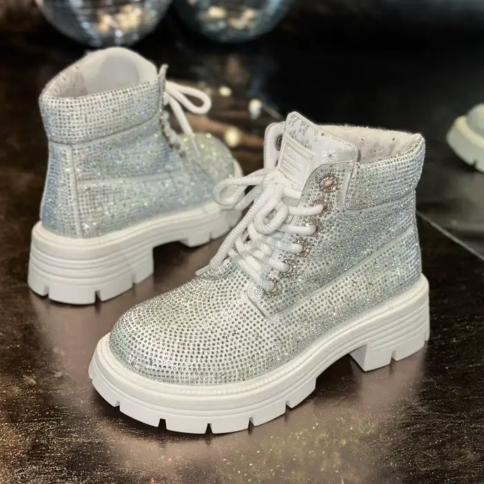 Bottines rétro automne hiver nouveau strass à lacets bout rond plate-forme grande taille chaussures 