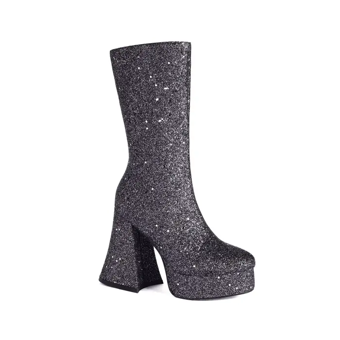 Bottines à plateforme dorées scintillantes à talon épais et bout carré pour femme, collection automn