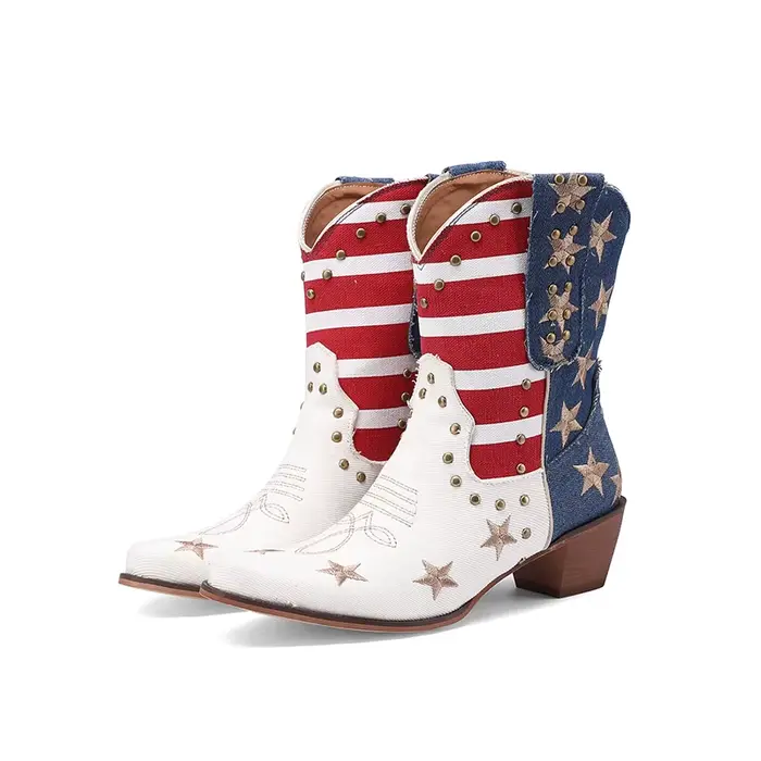 Bottes occidentales de cowboy pour femmes, bottines en denim avec drapeau américain, rivets cloutés,