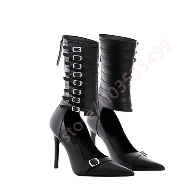 Bottes mi-mollet à talon aiguille pour femme, collection été 2026, bout pointu, multi-boucles, décou